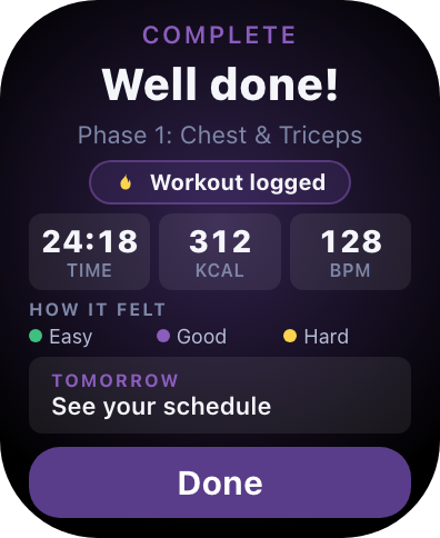 Apple Watch workout complete celebration screen