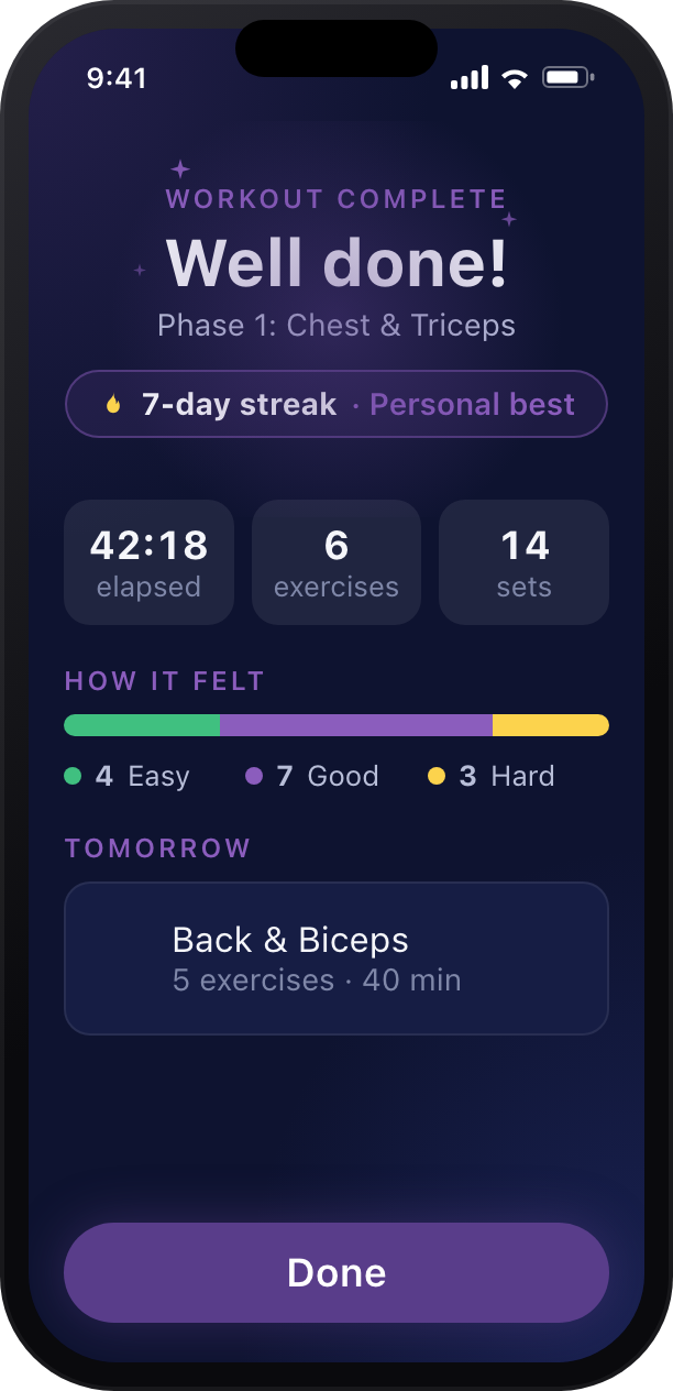 Formasync Trainer iPhone workout complete screen